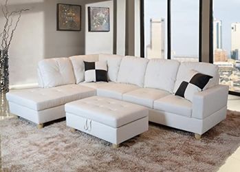 White sectional with storage ottoman