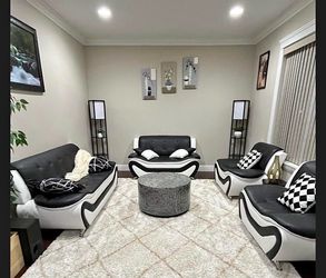 Modern style black and white leather three piece couch set