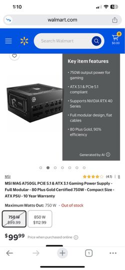 MSI MAG A750GL 750W Modular Gaming PSU $90 OBO send offer