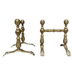 Antique 19th Century English Ornate Brass Fireplace Andirons Fire Dogs Tool Rest