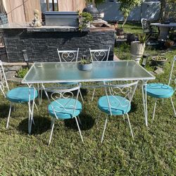 Vintage Wrought Iron Outdoor Furniture French Style Table With Glass Top & Six Chairs 60” X 30”