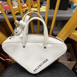 Balenciaga White Leather Small Triangle Bag with Shoulder Strap Handles And Wallet