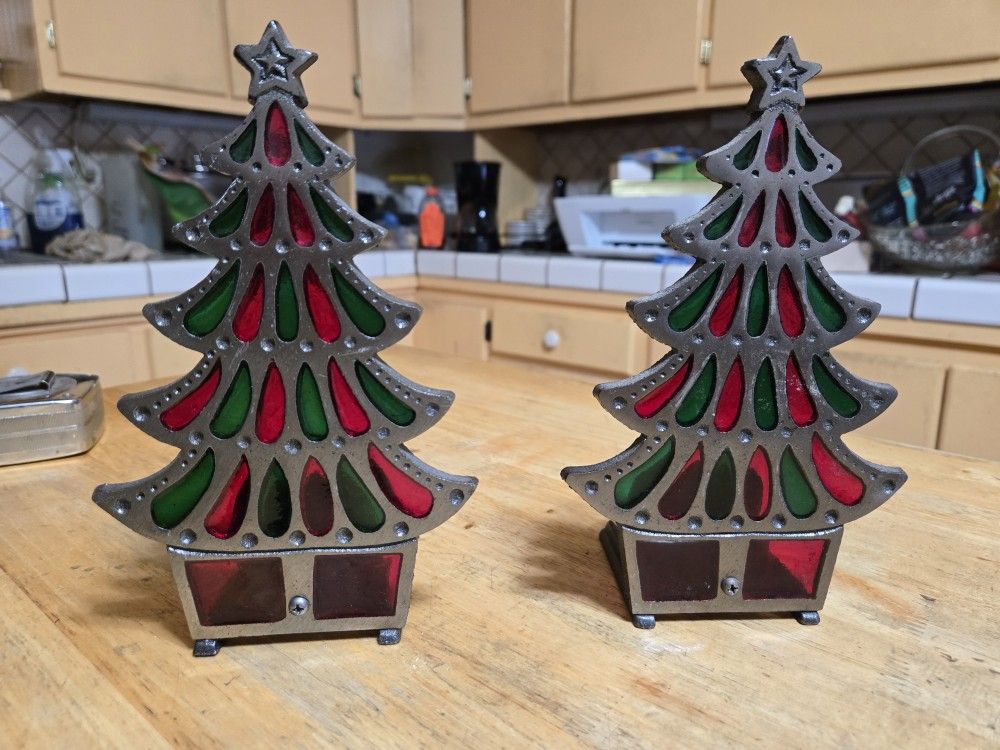 VTG Christmas Tree Cast Iron Stained Glass Tiffany Glow Candle Holder