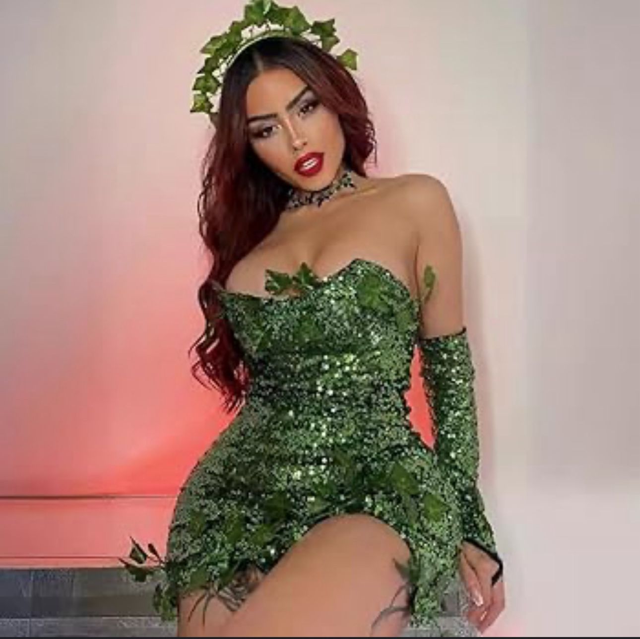 Deluxe Green Ivy Cosplay Costume Sleeveless Fake Leaves Sequin Fairy Dress + Gloves Headband Set