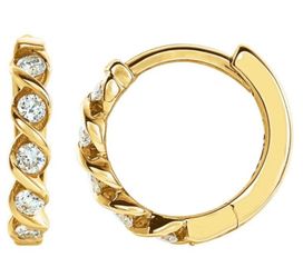 Real Diamond Small Twisted Huggie Hoop Earrings with Hinged Back 9 mm 14K Gold