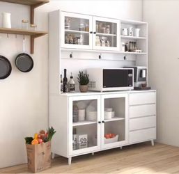 White Kitchen Pantry Cabinet with Glass Doors