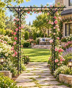 Steel Garden Arch, 7'2" High x 6'6" Wide, Garden Arbor for Various Climbing Plant, Outdoor Garden Lawn Backyard