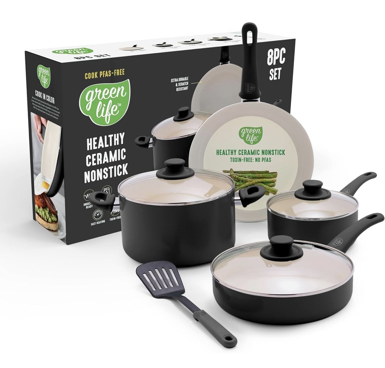 NEW GreenLife 8 Piece Nonstick Cookware Set/ Black