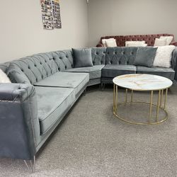 Grey Velvet Living Room Sectional - Delivery And Financing Available 