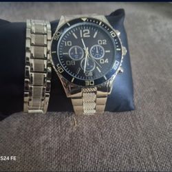 Gold And Black Folio  Alloy Watch And Bracelet 