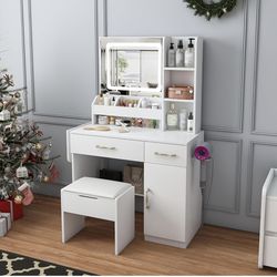 Vanity Desk with LED Mirror Lights & Power Outlet Charging Station - Makeup Dressing Table with 3 Drawers, 7 Shelves, Storage Stool, and Adjustable Dr