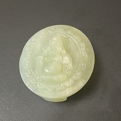 Vintage Hand Carved Green Jadeite Buddha Belt Buckle