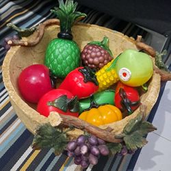 Vintage Murano-Style Hand-Blown Glass Fruit & Vegetable Set with Decorative Basket.