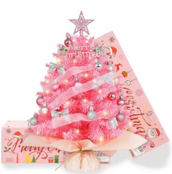 20" Mini Pink Christmas Tree, Artificial Small Christmas Tree with Lights, Tabletop Christmas Tree with Star Treetop,Bow Boxes and Ball Ornaments for 