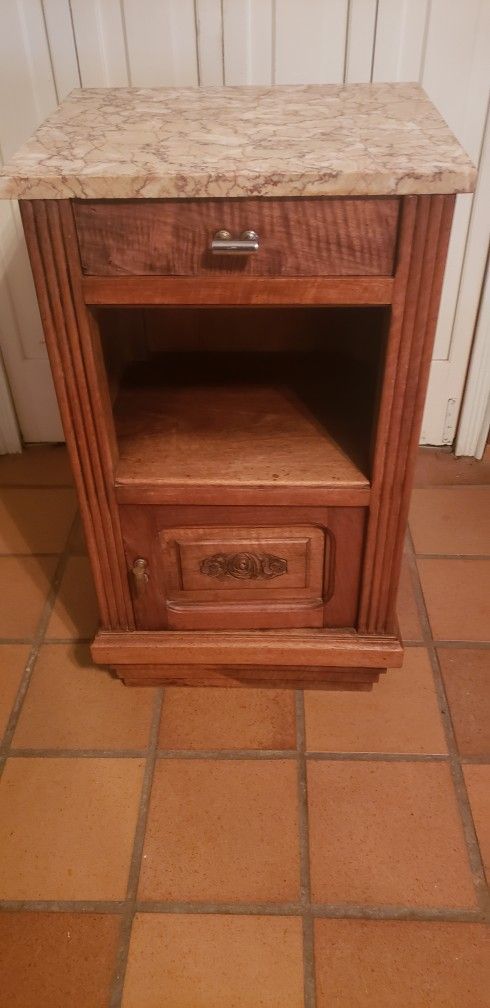 Antique Oak Side Table W/ Marble Top