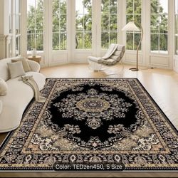 New Rug 8x10 Black Area Rugs for Living Room, Non Slip Washable Rugs for Bedroom Faux Wool Throw Rug for Dining Room Vintage Floral Carpet for Farmhou