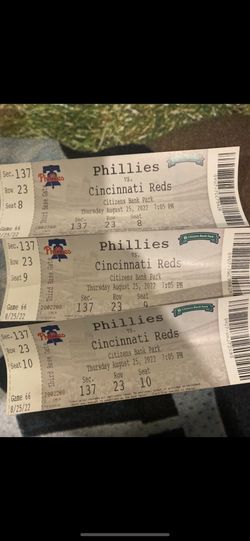 3 Phillies Tickets 75$ 100 Level !!!  8-25 Vs Reds 