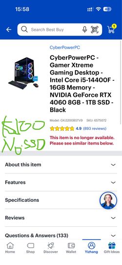 Cyberpowerpc gamer xtreme gaming desktop intel core i5-14400f 16GB without ssd