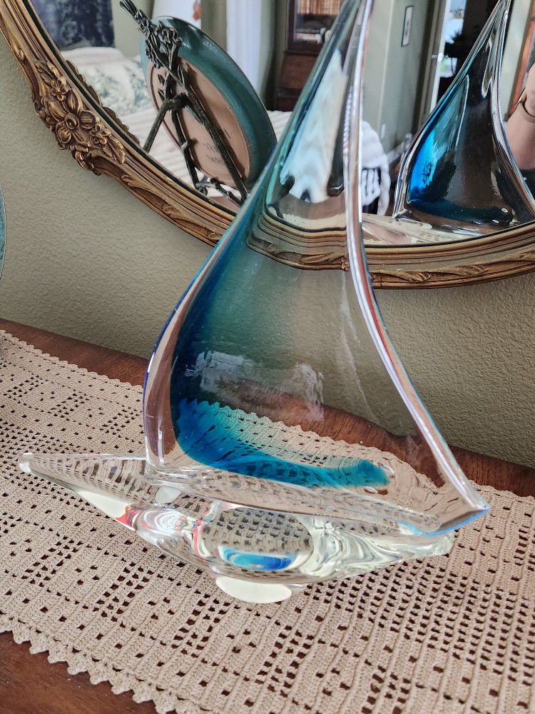 Vintage MURANO glass Sailboat Blue Clear