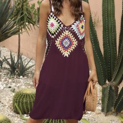 New - Women’s Wine Red Geometric Crochet V Neck Dress 
