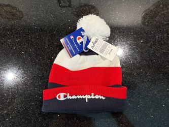 Champion Script Knit Pom Rugby Stripe Beanie Navy Red & white Colorway with Logo