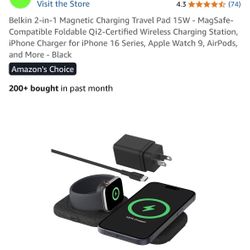 Belkin 2-in-1 Magnetic Charging Travel Pad 15W - MagSafe-Compatible Foldable Qi2-Certified Wireless Charging Station, iPhone Charger for iPhone 16 Ser