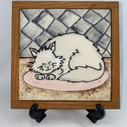 Ceramic Glazed Relief Art Deco Tile by Lizzie "Sleeping Kitty" in Oak Frame