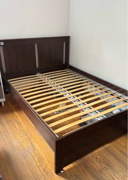 Full Size Dark Brown Wood Platform Bed Frame with Headboard