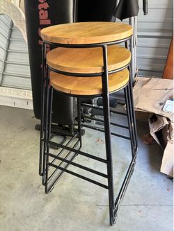3 Bar Stools metal frame wooden seat