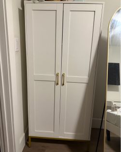White cabinet gold metallic handles 4 shelves