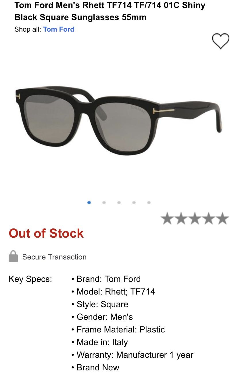 Tom Ford Rhett TF714 TF/714 01C Shiny Black Square Sunglasses 55mm