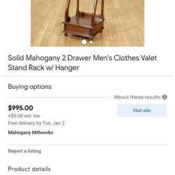 Antique/vintage Solid Mahogany 2 Drawer Men's Clothes Valet Stand Rack
