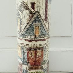 Vintage Tall MCM Christmas Sugared Glass Candle Holder.  9” tall x 2 7/8” across the top. Decorated Victorian Christmas house theme.
