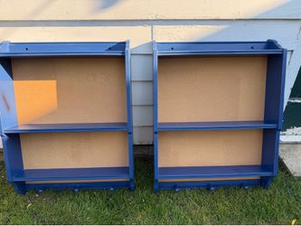 Pair of Land of Nod / Crate & Barrel Blue Trophy Case / book shelf wall mount