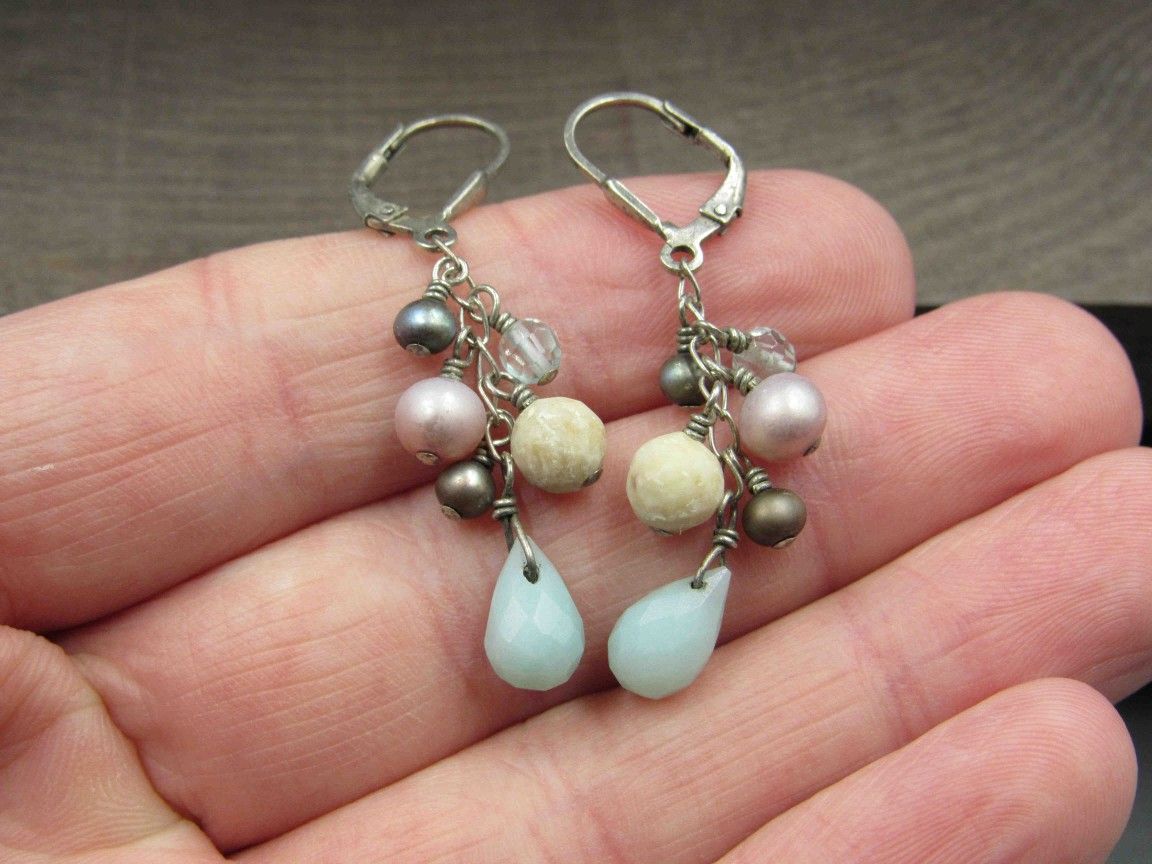 Sterling Silver Tarnished Pearl & Various Stone Earrings Vintage Wedding Engagement Anniversary Beautiful Everyday Minimalist Ornate Special