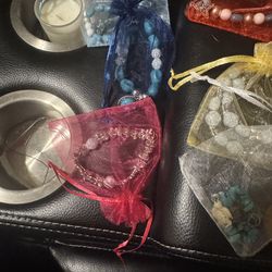 Natural Stone Charm Bracelet Cross Beaded Handmade Stretch Christian Gift w/ Bag