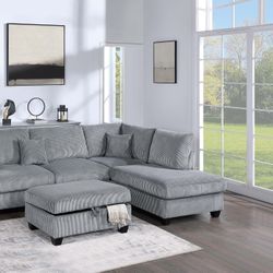 Sectional Set 3 PC  Newc Sectional Set Sofa  Chaise With Ottoman And 2 Accent Pillow  Color Corduroy Grey 