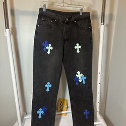Chrome Heart 2 Tone Blue Crossed Jeans 