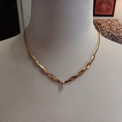 Women's Gold Tone Flat Woven Chain Necklace w/ Rhinestone 