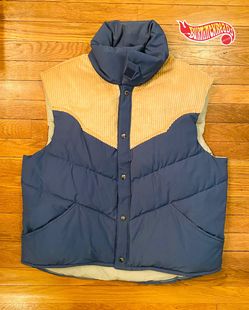 Vtg William Barry Brandon Colorado Puffer Vest XL Large Down BLUE TAN CORDUROY