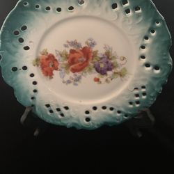 Vintage Teal Lattice Edge Collectible Plate 