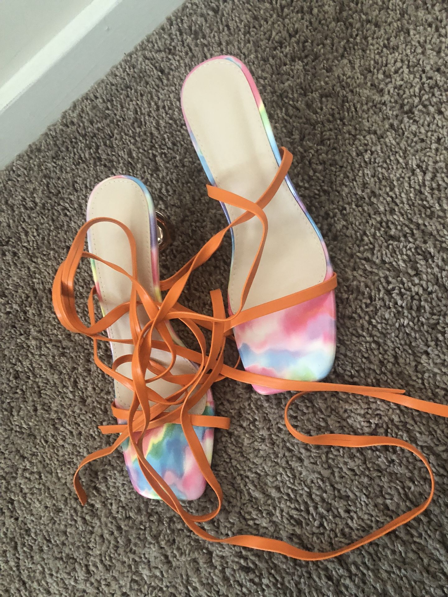 Ladies Toe Heeled Sandals With Strap & Orange Ties