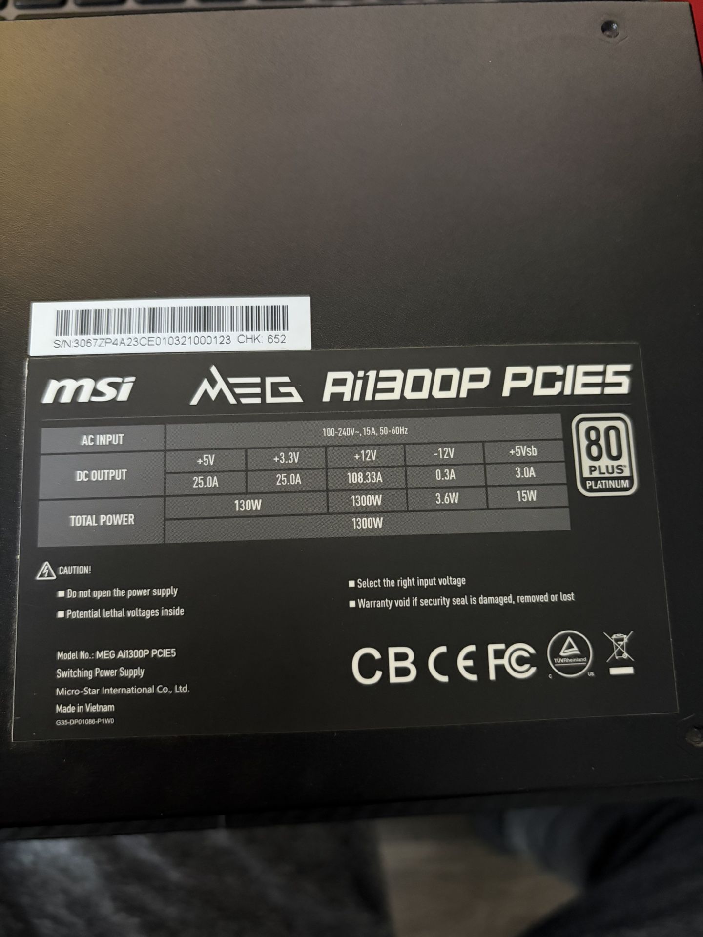 MSI Meg Ai1300 PSU W/ PCI5