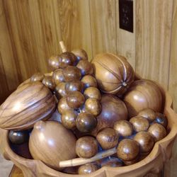 Wooden Fruit Bowl With Wooden Fruit