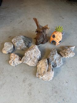 Aquarium Decor Lot – Rocks, Driftwood, Pineapple House