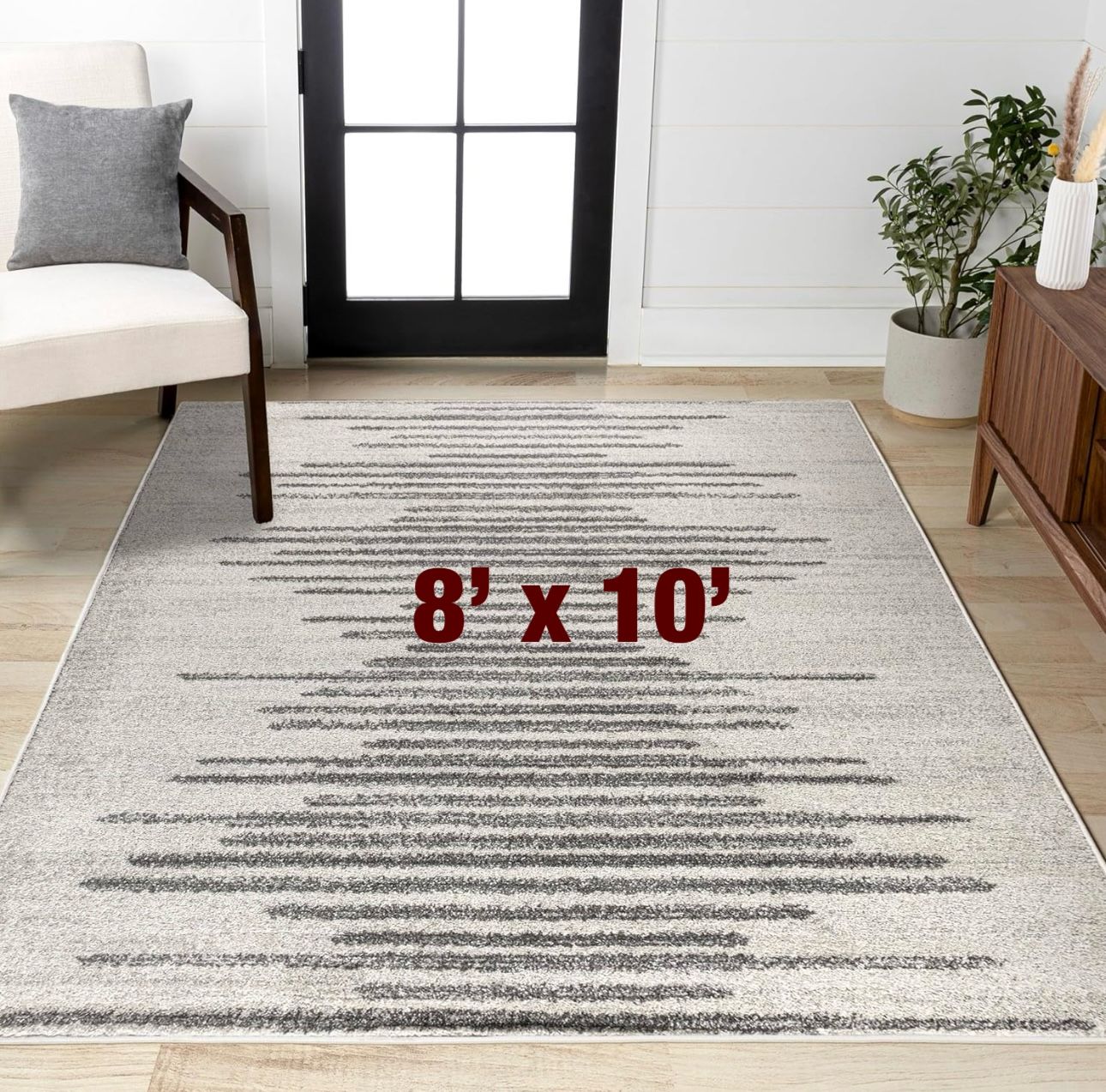 JONATHAN Y Aya Berber Stripe Geometric Cream/Gray Indoor Area Rug, 8x10, Contemporary, Modern, Easy-Cleaning for Living Room, Bedroom, Kitchen, Pet Fr