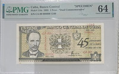 1 peso 1995 specimen cuba PMG 64