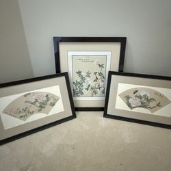  Set of 3 Vintage Framed Asian Floral & Bird Art Prints