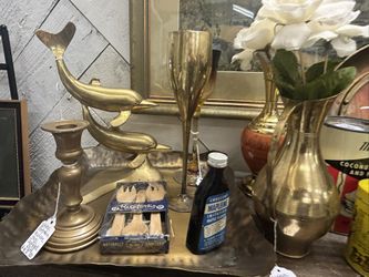 Vintage Brass Double Dolphin Figurine Statue