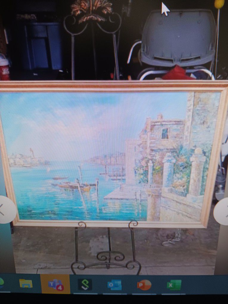 Large Framed Mediterrenean Seaport Oil On Canvas Painting Not Signed